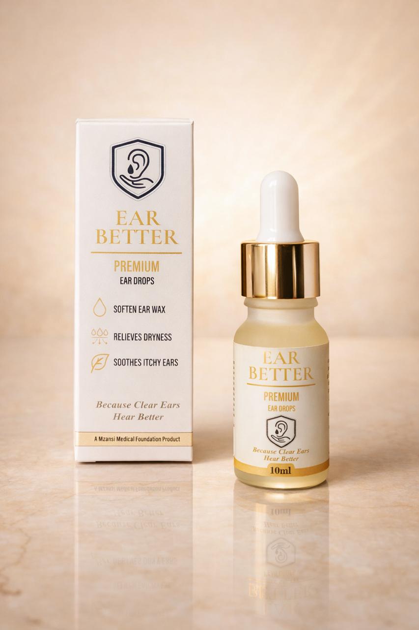 EAR BETTER Premium bottle and box on a soft marble surface