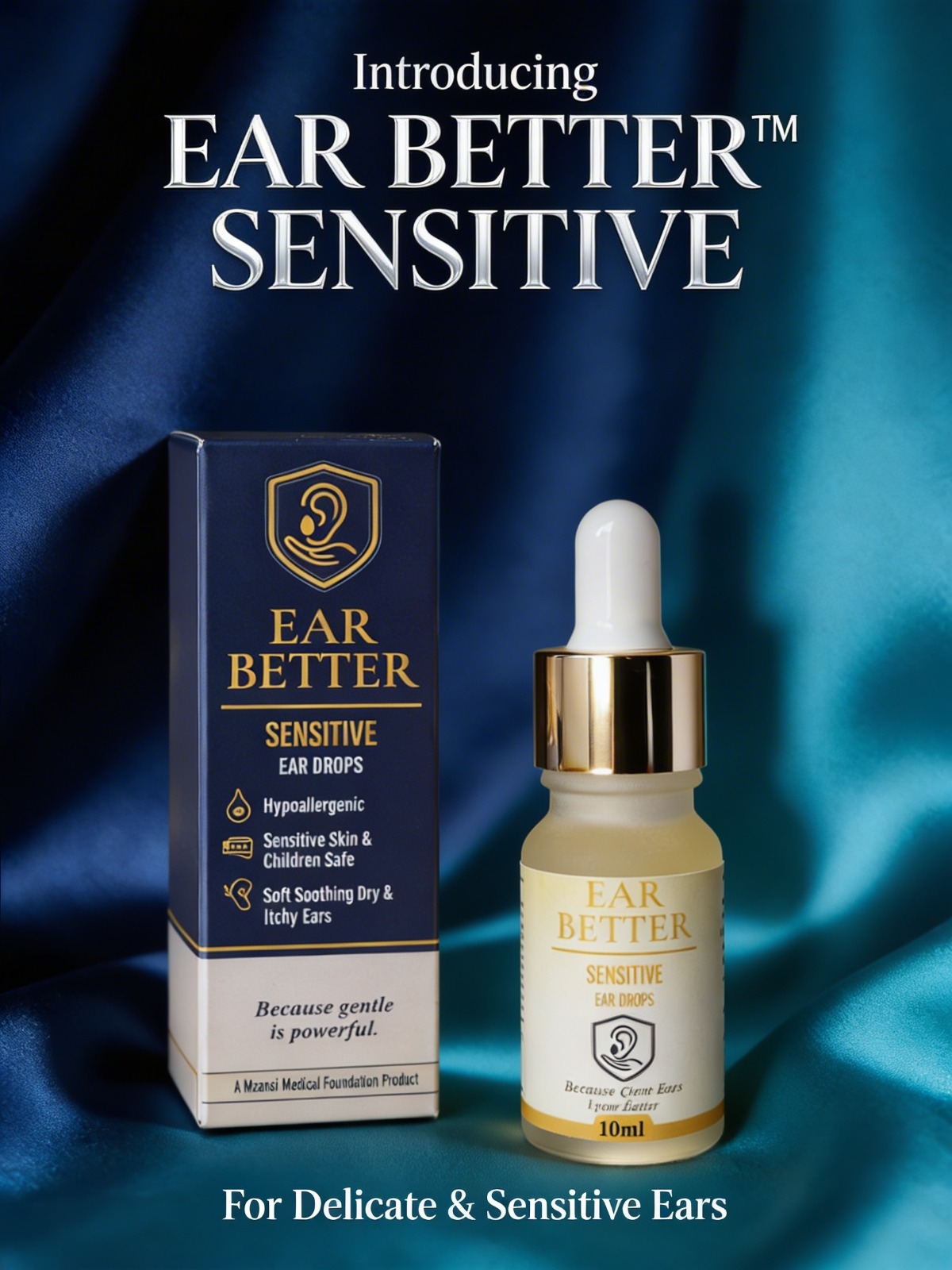 EAR BETTER Sensitive bottle and box on blue silk